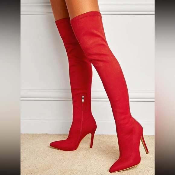 Red Solid Color Stretch Fabric Over-the-knee Boots With Side Zipper - Picture 2 of 4